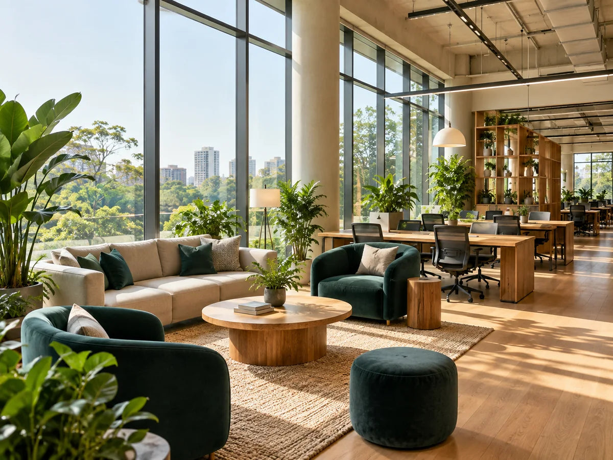 Light-filled workspace with comfortable seating, greenery and city views