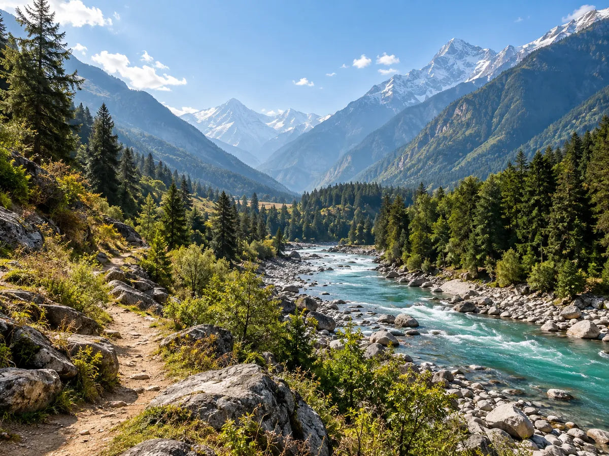 A river winding through green Himalayan mountains