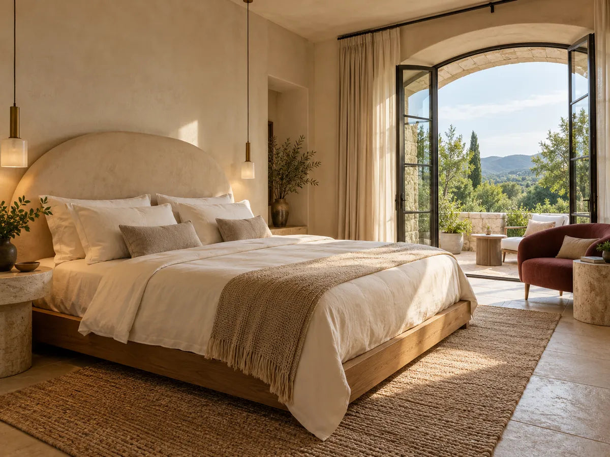 A restful room with natural textures and a leafy view